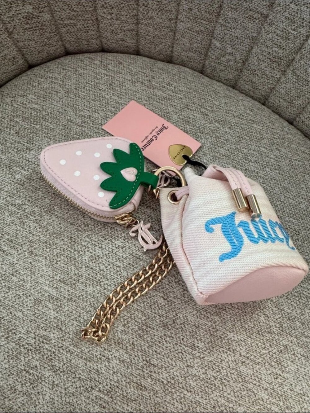 Juicy Couture Pink Mini Bag Keychain Set with Green Strawberry Charm